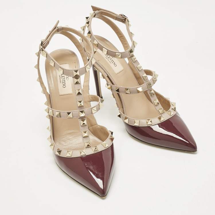 Pre Owned Valentino Burgundy/Beige Patent Leather Rockstud Ankle Strap Pumps Size 39