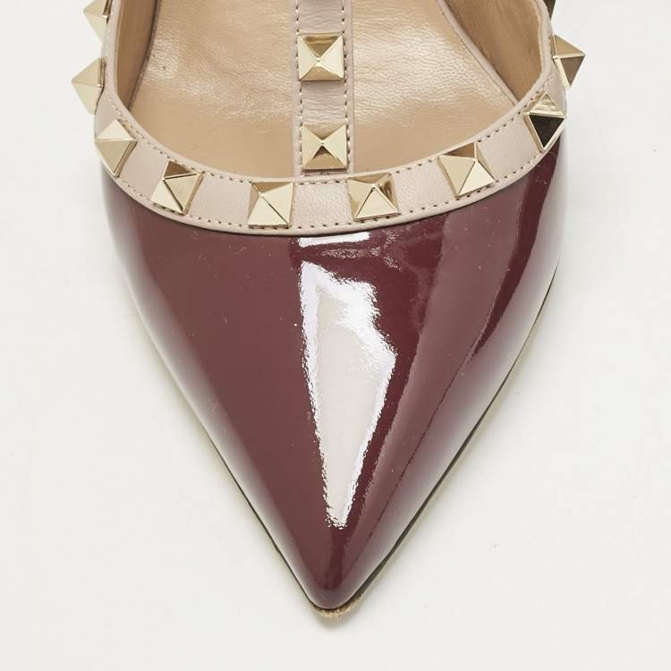 Pre Owned Valentino Burgundy/Beige Patent Leather Rockstud Ankle Strap Pumps Size 39