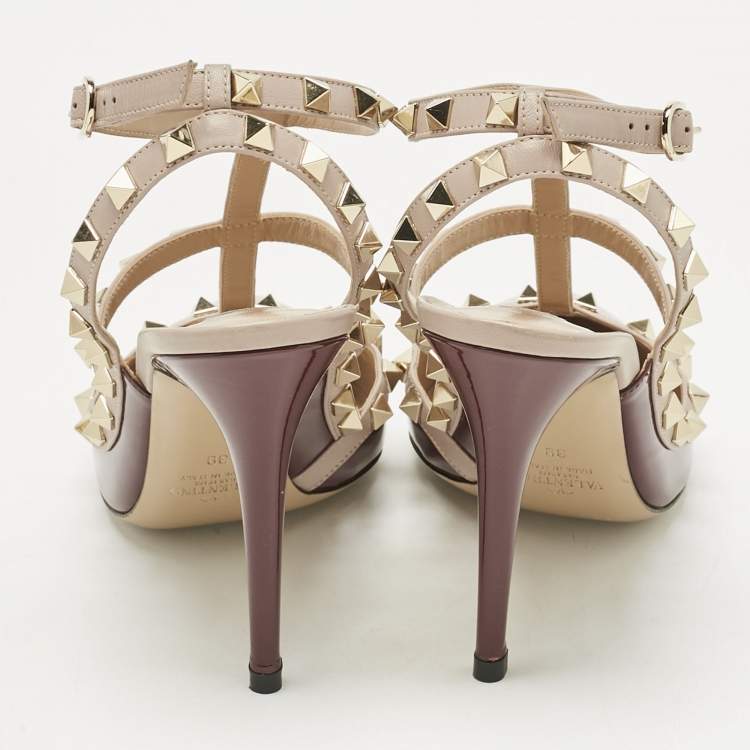 Pre Owned Valentino Burgundy/Beige Patent Leather Rockstud Ankle Strap Pumps Size 39
