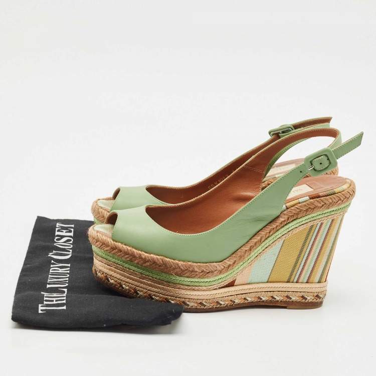 Pre Owned Valentino Light Green Leather Native Couture 1975 Wedge Espadrille Sandals Size 36.5