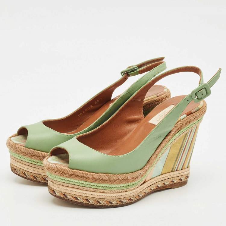 Pre Owned Valentino Light Green Leather Native Couture 1975 Wedge Espadrille Sandals Size 36.5