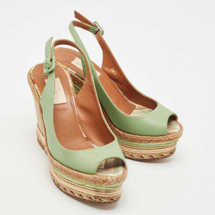 Pre Owned Valentino Light Green Leather Native Couture 1975 Wedge Espadrille Sandals Size 36.5