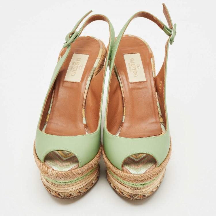 Pre Owned Valentino Light Green Leather Native Couture 1975 Wedge Espadrille Sandals Size 36.5