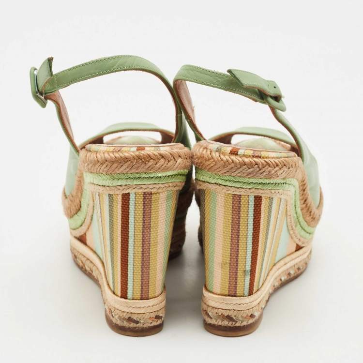 Pre Owned Valentino Light Green Leather Native Couture 1975 Wedge Espadrille Sandals Size 36.5