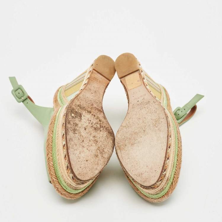 Pre Owned Valentino Light Green Leather Native Couture 1975 Wedge Espadrille Sandals Size 36.5