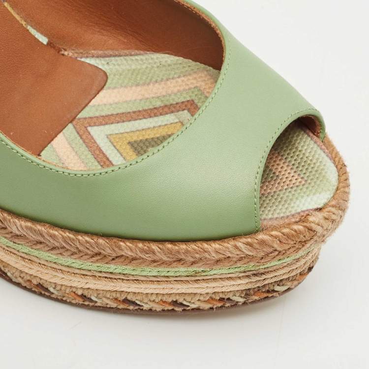 Pre Owned Valentino Light Green Leather Native Couture 1975 Wedge Espadrille Sandals Size 36.5