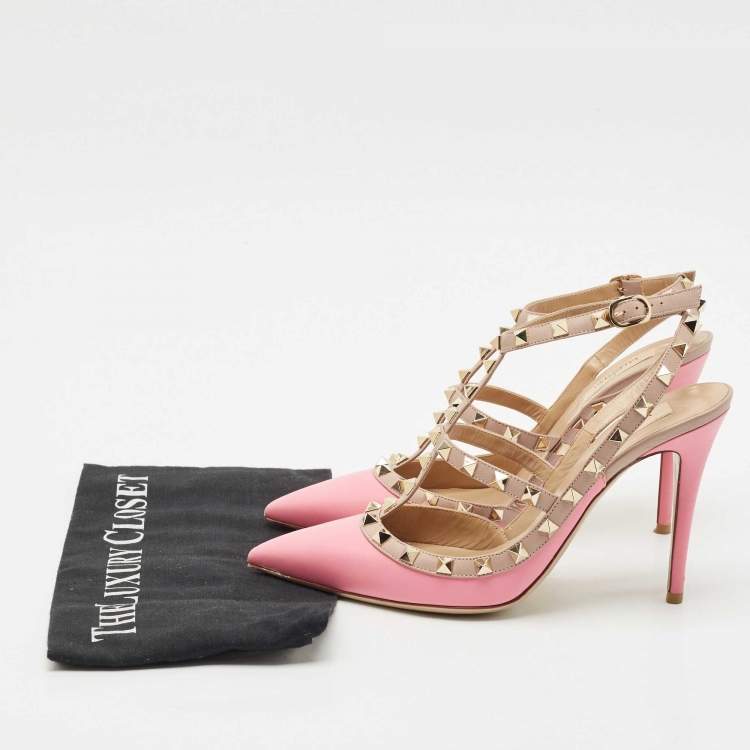Pre Owned Valentino Pink/Beige Leather Rockstud Caged Pumps Size 40