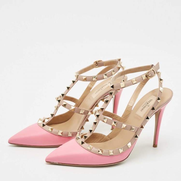 Pre Owned Valentino Pink/Beige Leather Rockstud Caged Pumps Size 40