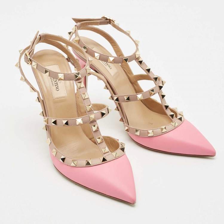Pre Owned Valentino Pink/Beige Leather Rockstud Caged Pumps Size 40