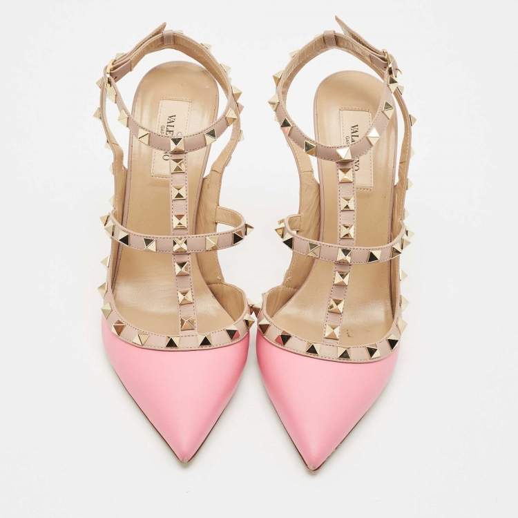 Pre Owned Valentino Pink/Beige Leather Rockstud Caged Pumps Size 40