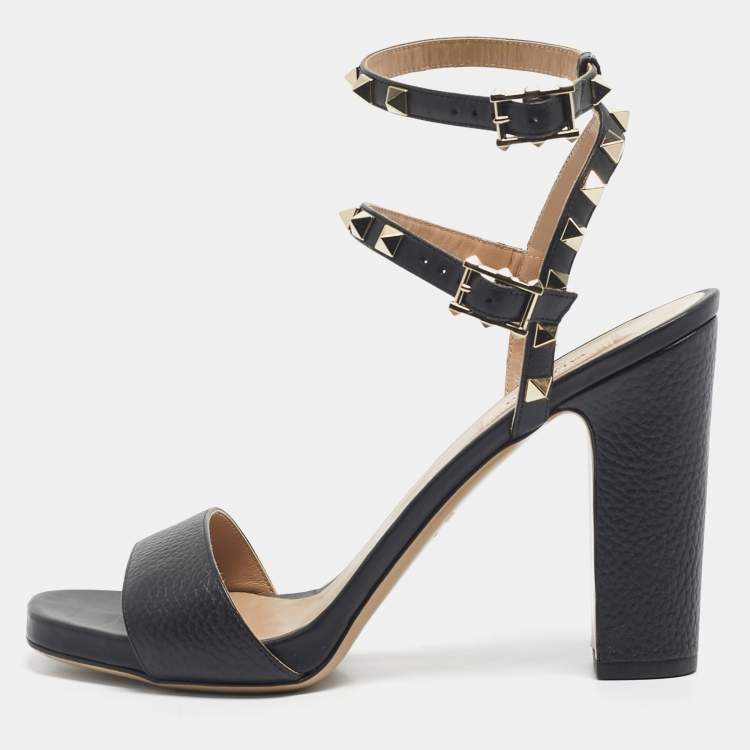 Pre Owned Valentino Black Leather Rockstud Double Strap Sandals Size 39