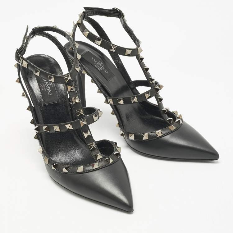 Pre Owned Valentino Black  Leather Rockstud Caged Pumps Size 40