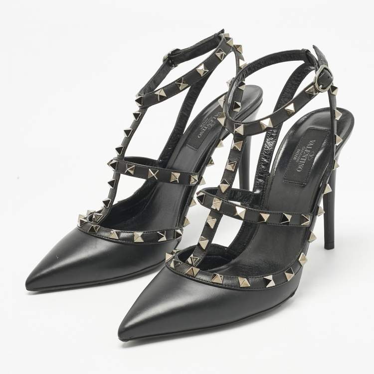 Pre Owned Valentino Black  Leather Rockstud Caged Pumps Size 40
