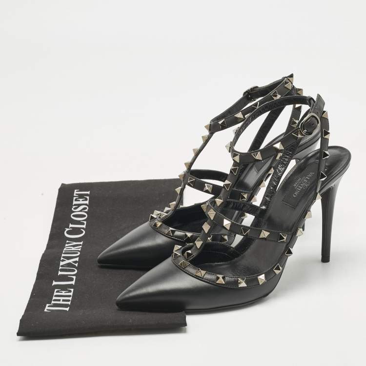 Pre Owned Valentino Black  Leather Rockstud Caged Pumps Size 40