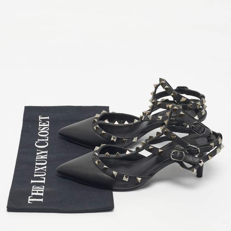 Pre Owned Valentino Black Leather Rockstud Caged Ankle Strap Pumps Size 37