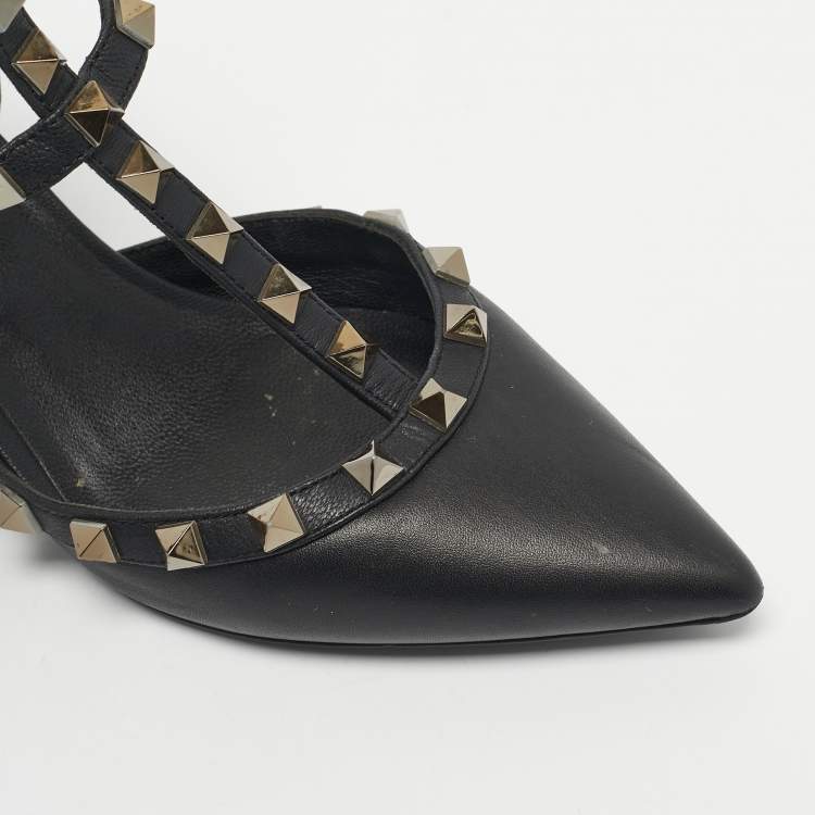 Pre Owned Valentino Black Leather Rockstud Caged Ankle Strap Pumps Size 37