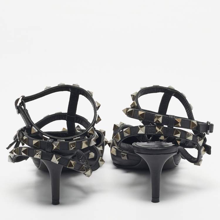 Pre Owned Valentino Black Leather Rockstud Caged Ankle Strap Pumps Size 37