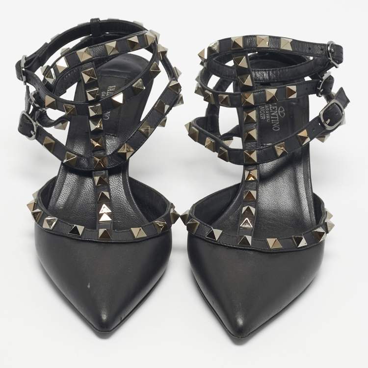 Pre Owned Valentino Black Leather Rockstud Caged Ankle Strap Pumps Size 37