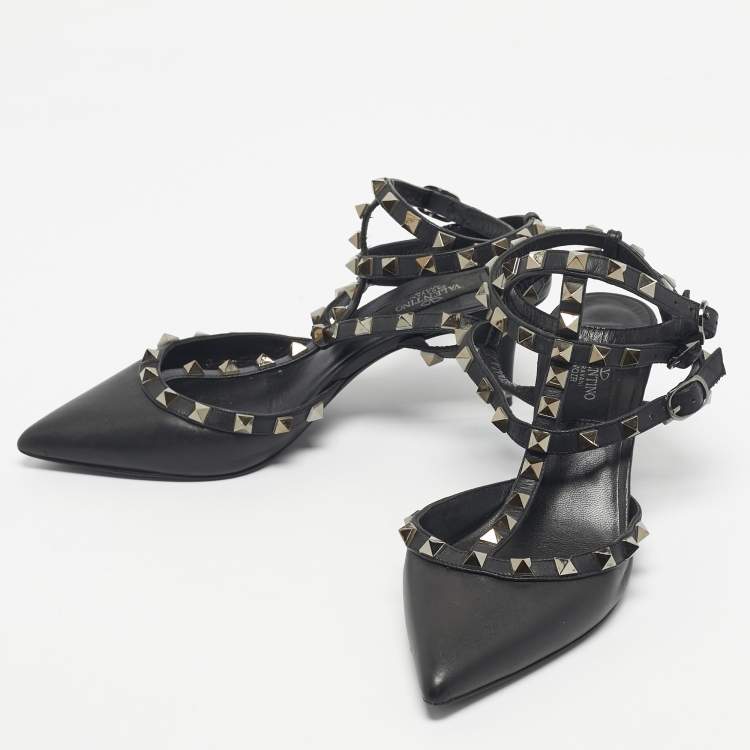 Pre Owned Valentino Black Leather Rockstud Caged Ankle Strap Pumps Size 37