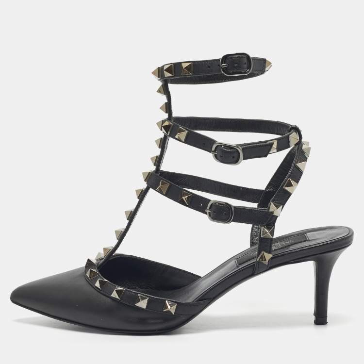 Pre Owned Valentino Black Leather Rockstud Caged Ankle Strap Pumps Size 37