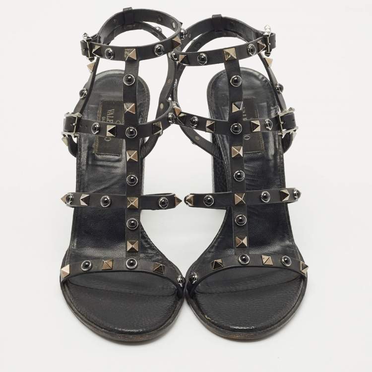 Pre Owned Valentino Black Leather Rockstud Block Heel Strappy Sandals Size 39.5