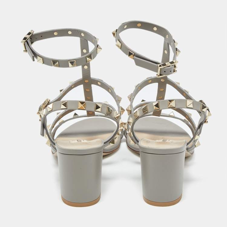Pre Owned Valentino Grey Leather Rockstud Ankle Strap Sandals Size 39.5