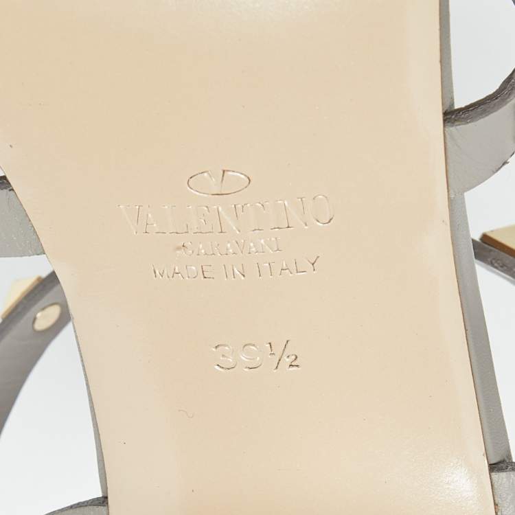 Pre Owned Valentino Grey Leather Rockstud Ankle Strap Sandals Size 39.5