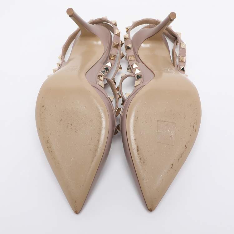 Pre Owned Valentino Dark Beige Leather Rockstud Ankle Strap Pumps Size 39.5