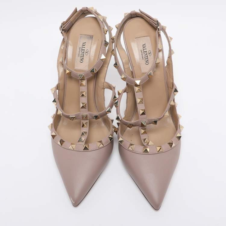 Pre Owned Valentino Dark Beige Leather Rockstud Ankle Strap Pumps Size 39.5
