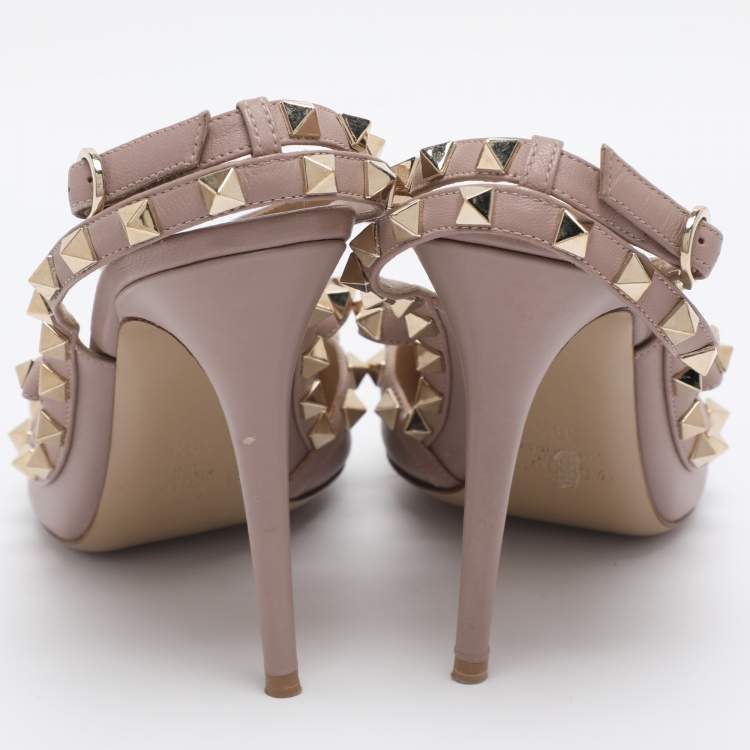 Pre Owned Valentino Dark Beige Leather Rockstud Ankle Strap Pumps Size 39.5