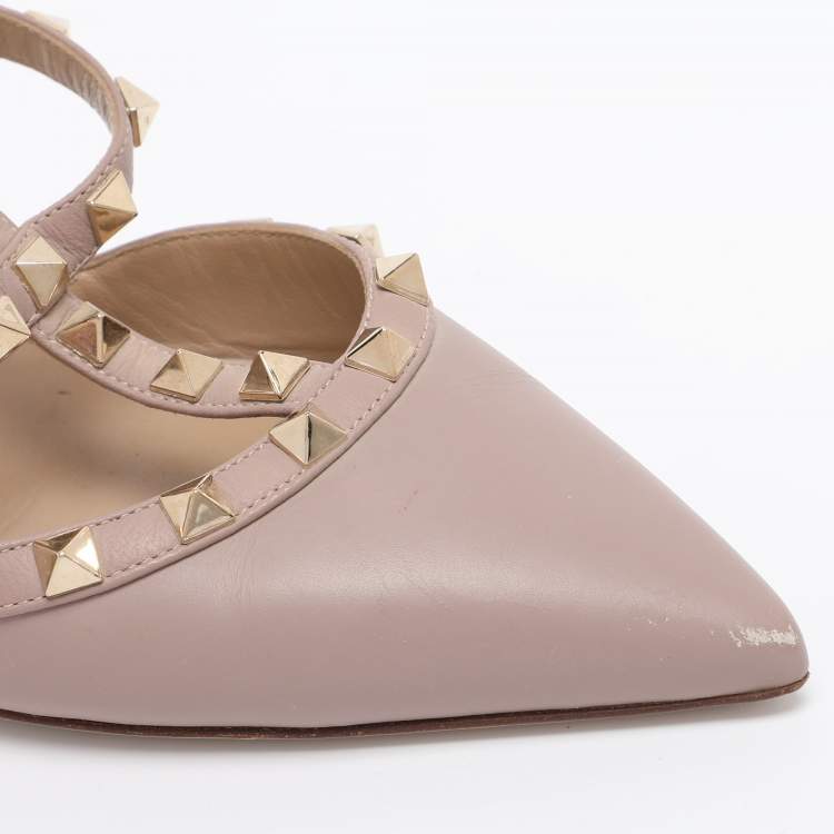 Pre Owned Valentino Dark Beige Leather Rockstud Ankle Strap Pumps Size 39.5
