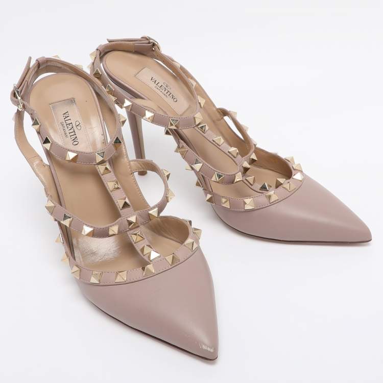 Pre Owned Valentino Dark Beige Leather Rockstud Ankle Strap Pumps Size 39.5