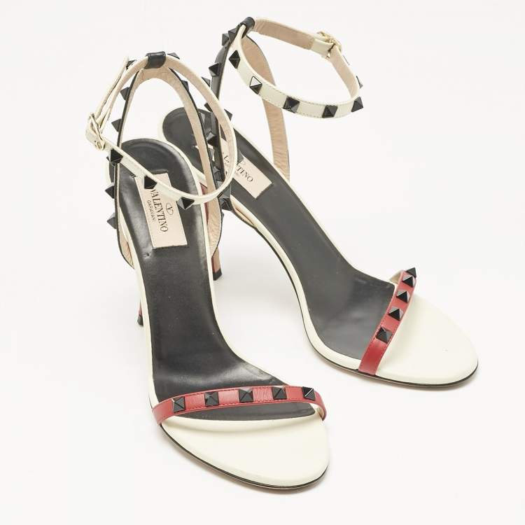 Pre Owned Valentino Tricolor Leather Rockstud Ankle Strap Sandals Size 40
