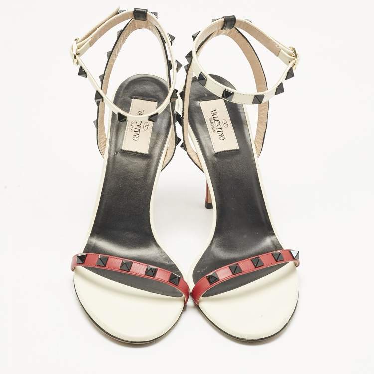 Pre Owned Valentino Tricolor Leather Rockstud Ankle Strap Sandals Size 40