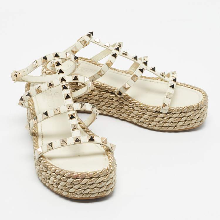 Pre Owned Valentino Cream Leather Rockstud Wedge Sandals Size 36