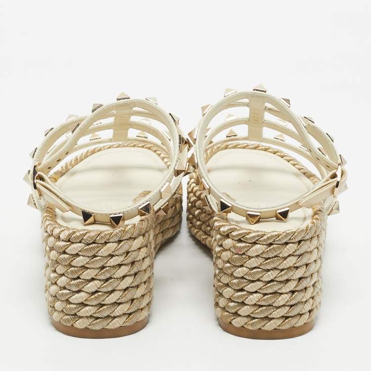 Pre Owned Valentino Cream Leather Rockstud Wedge Sandals Size 36