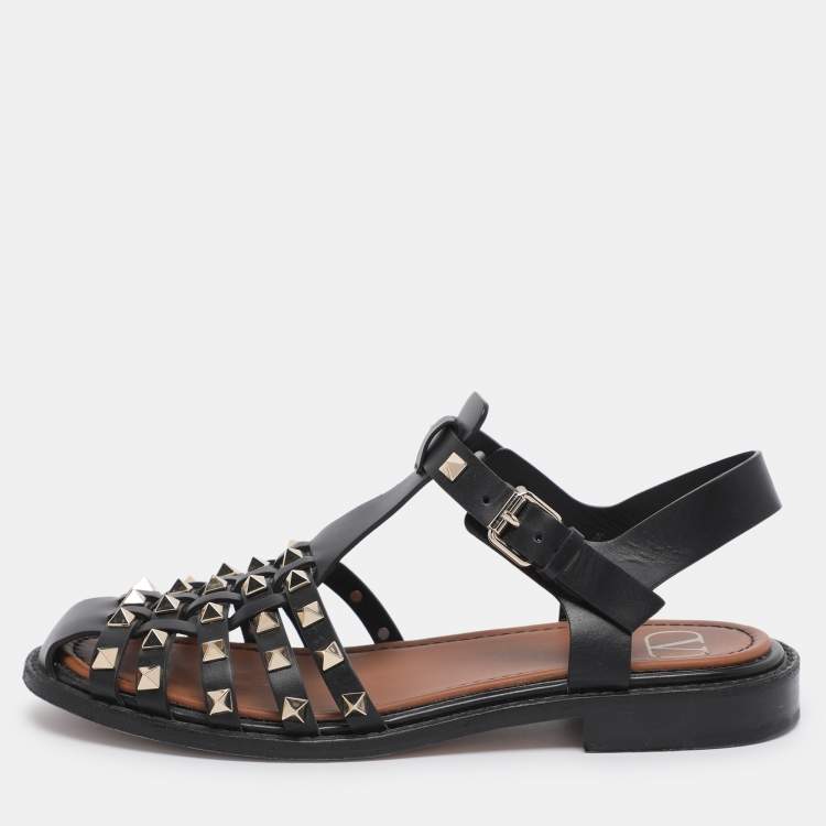 Pre Owned Valentino Black Leather Rockstud Fisherman Sandals Size 38