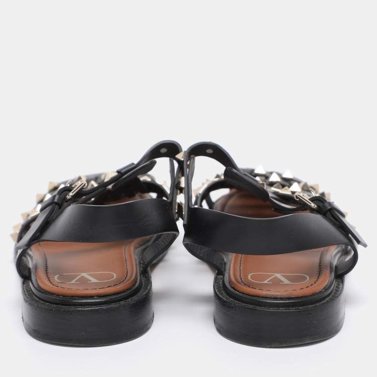 Pre Owned Valentino Black Leather Rockstud Fisherman Sandals Size 38
