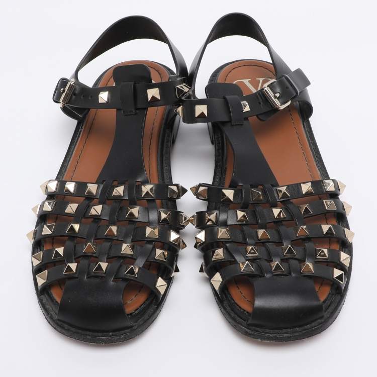 Pre Owned Valentino Black Leather Rockstud Fisherman Sandals Size 38