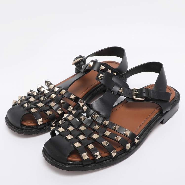 Pre Owned Valentino Black Leather Rockstud Fisherman Sandals Size 38