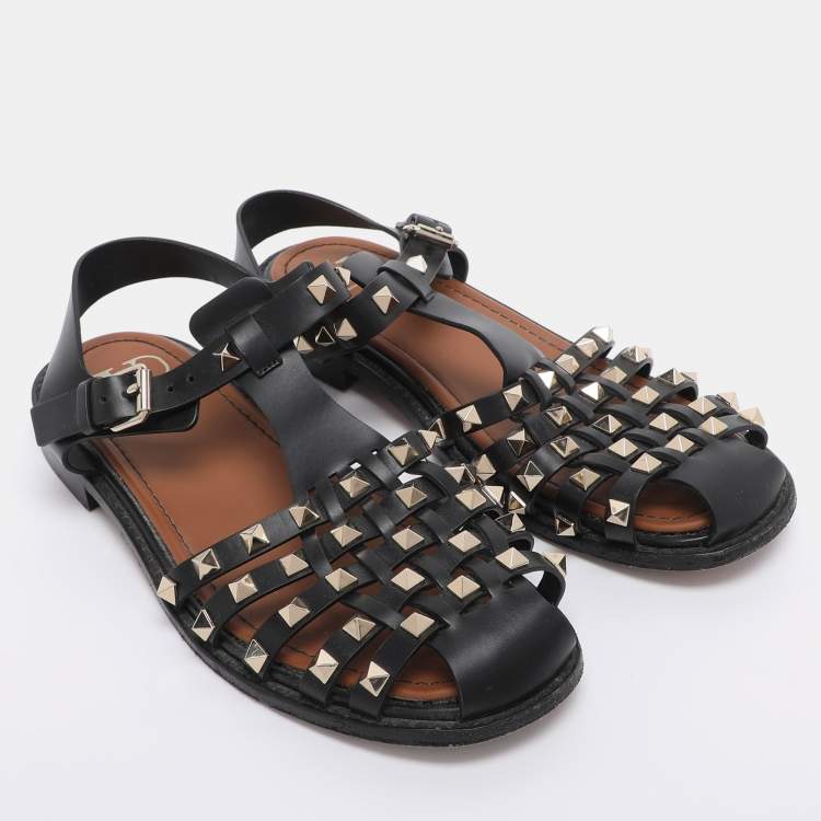 Pre Owned Valentino Black Leather Rockstud Fisherman Sandals Size 38