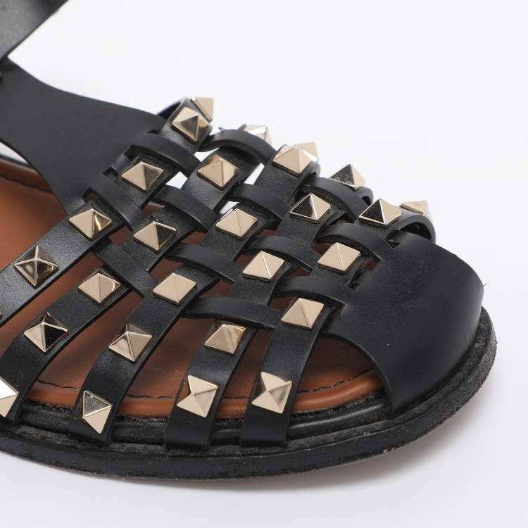 Pre Owned Valentino Black Leather Rockstud Fisherman Sandals Size 38