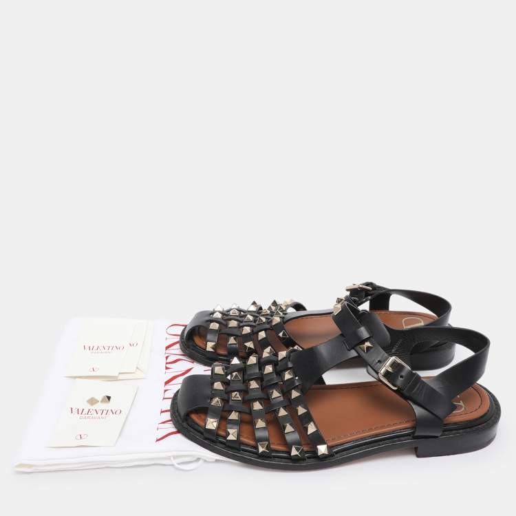 Pre Owned Valentino Black Leather Rockstud Fisherman Sandals Size 38