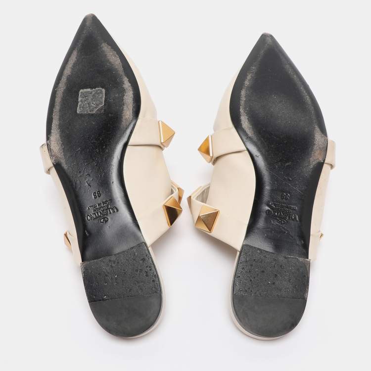 Pre Owned Valentino Cream Leather Roman Stud Flat Mules Size 38