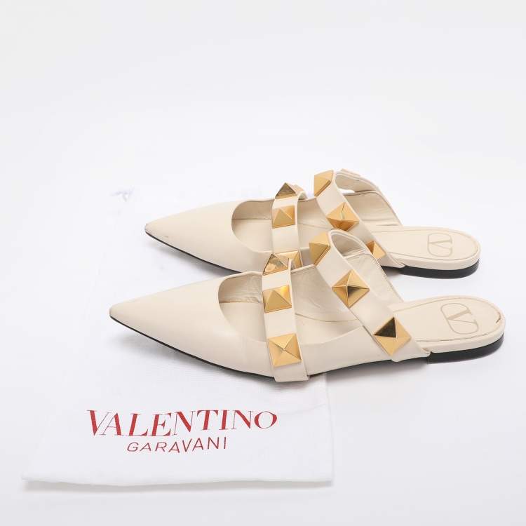 Pre Owned Valentino Cream Leather Roman Stud Flat Mules Size 38