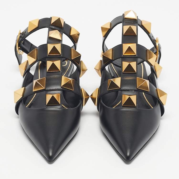 Pre Owned Valentino Black Leather Roman Stud Ankle Strap Flats Size 39