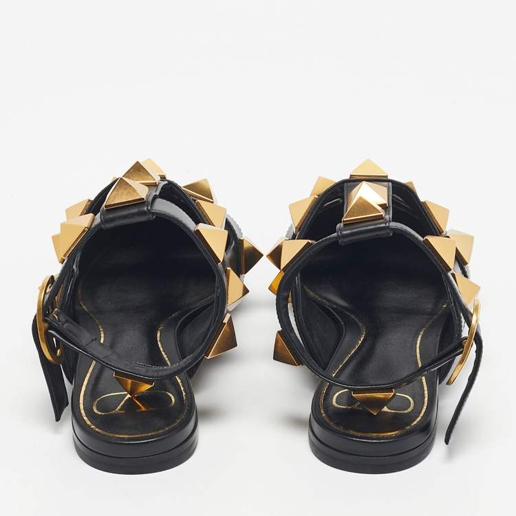 Pre Owned Valentino Black Leather Roman Stud Ankle Strap Flats Size 39