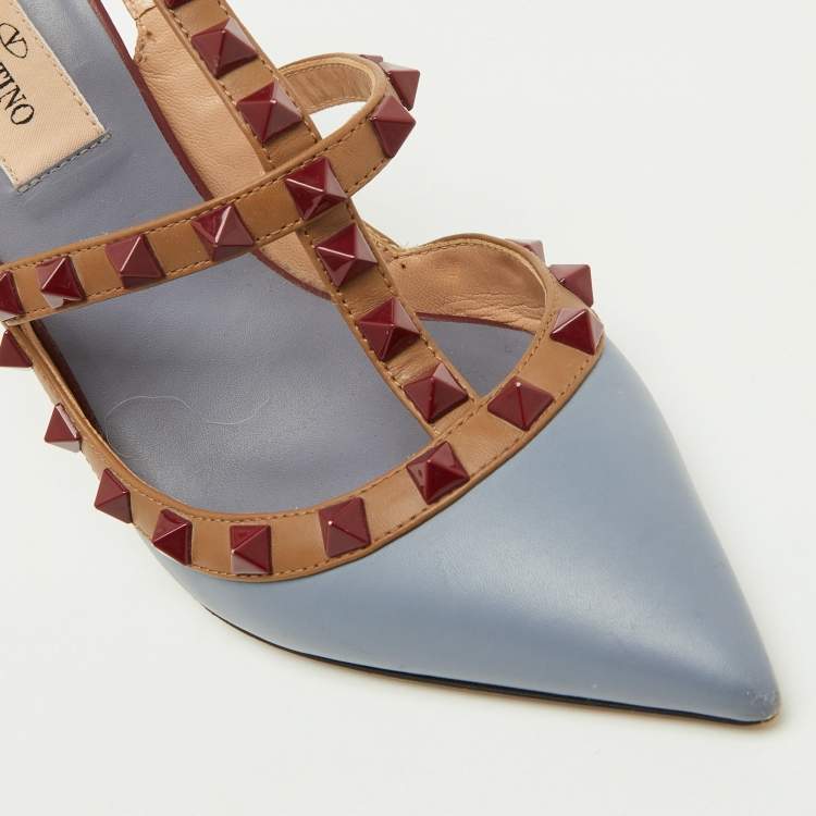 Pre Owned Valentino Blue/Brown Leather Rockstud Caged Ankle Strap Pumps Size 36