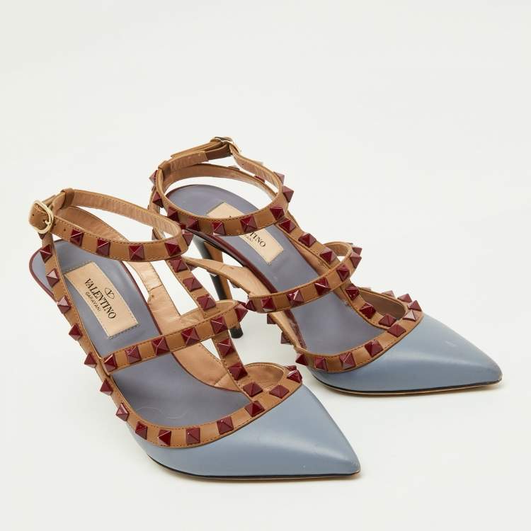 Pre Owned Valentino Blue/Brown Leather Rockstud Caged Ankle Strap Pumps Size 36