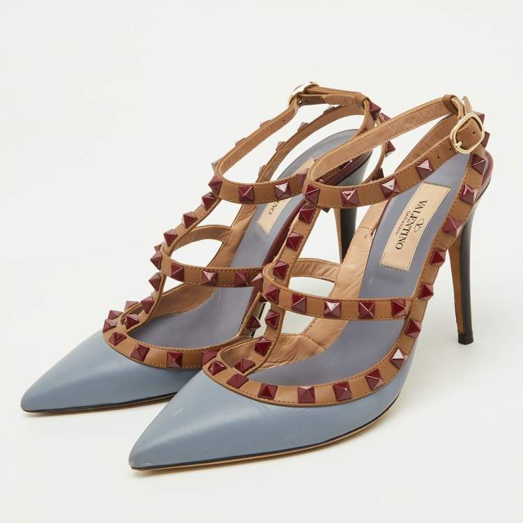 Pre Owned Valentino Blue/Brown Leather Rockstud Caged Ankle Strap Pumps Size 36